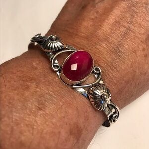 Garnet Stamped 925 Sterling Silver Cuff Bracelet